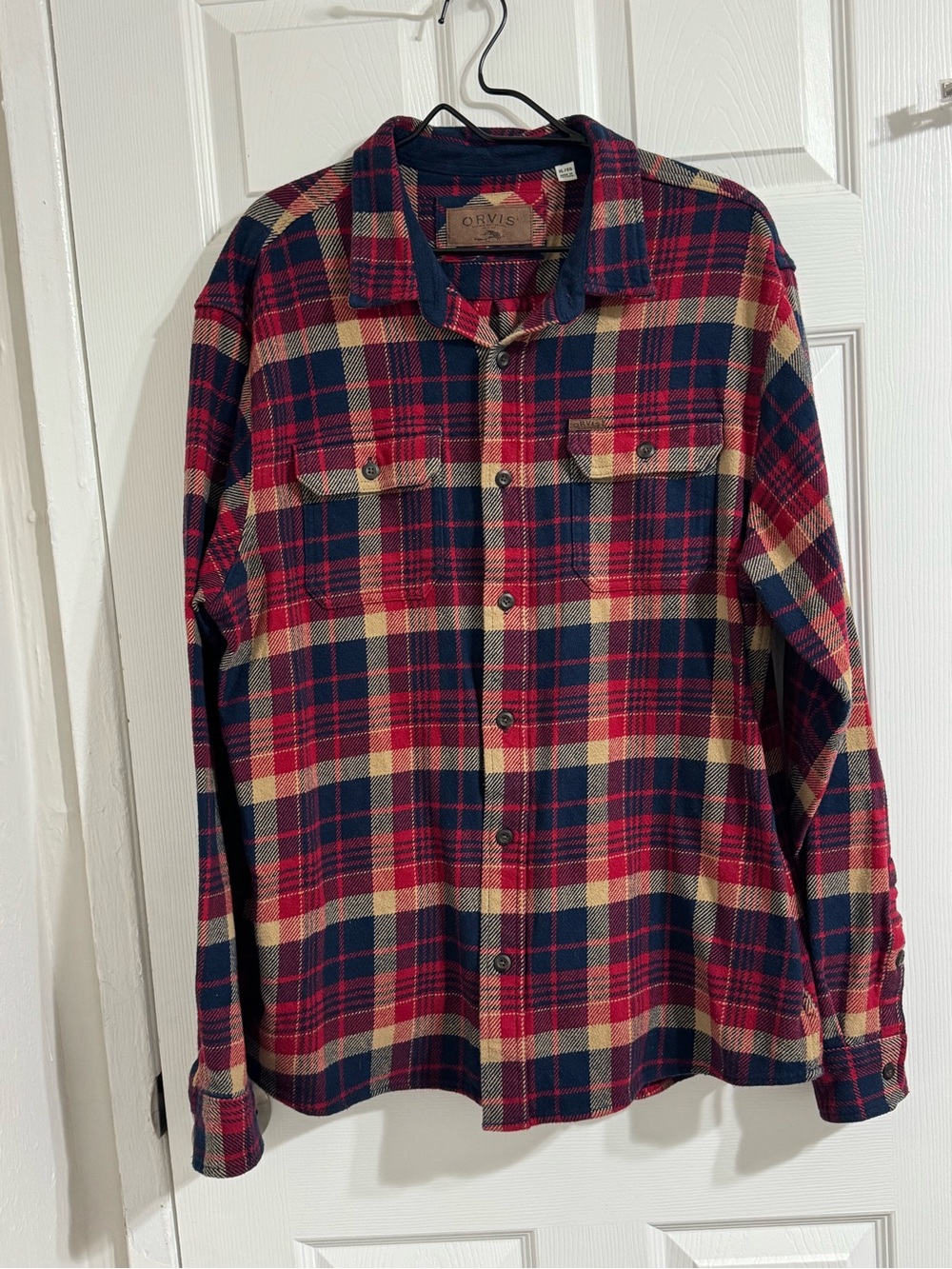 Orvis Men’s Red Navy Cream Plaid Button-Down Shirt
